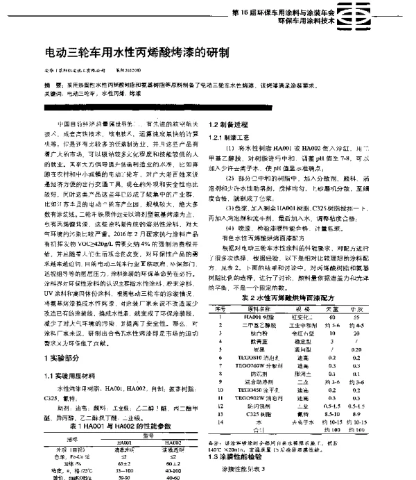 电动三轮车用水性丙烯酸烤漆的研制