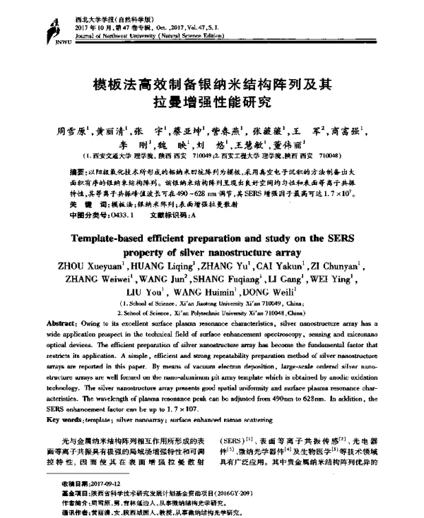 模板法高效制备银纳米结构阵列及其拉曼增强性能研究
