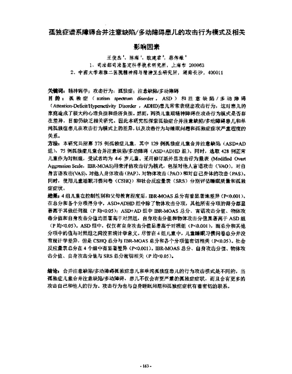 孤独症谱系障碍合并注意缺陷多动障碍患儿的攻击行为模式及相关影响因素