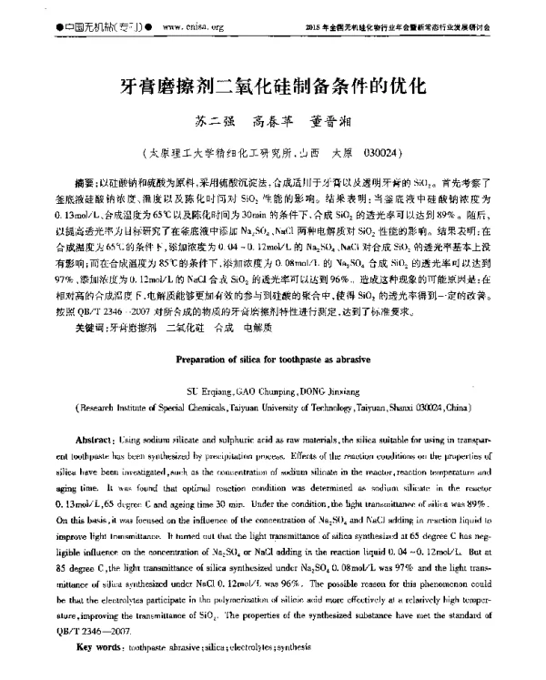 牙膏磨擦剂二氧化硅制备条件的优化