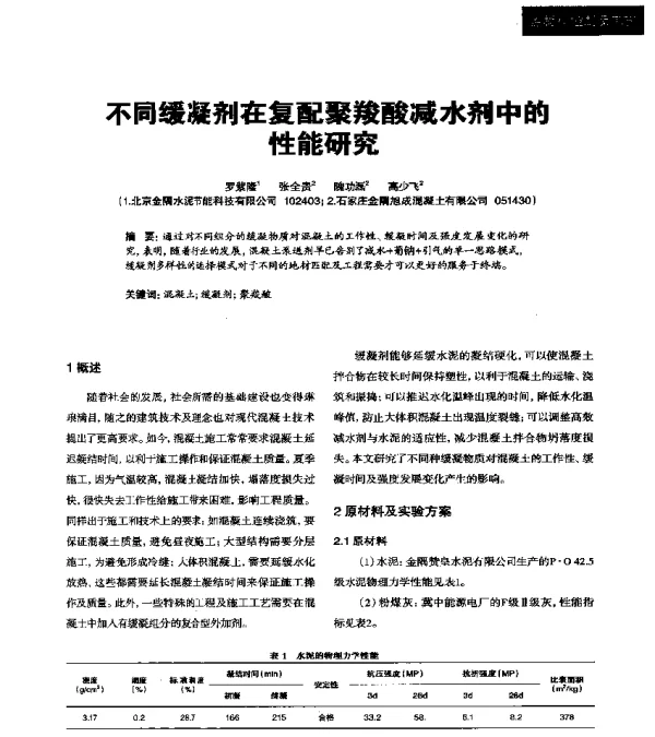不同缓凝剂在复配聚羧酸减水剂中的性能研究