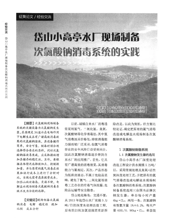 岱山小高亭水厂现场制备次氯酸钠消毒系统的实践