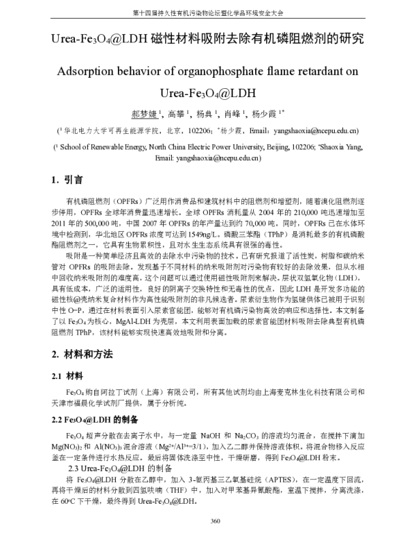 Urea-Fe3O4@LDH磁性材料吸附去除有机磷阻燃剂的研究