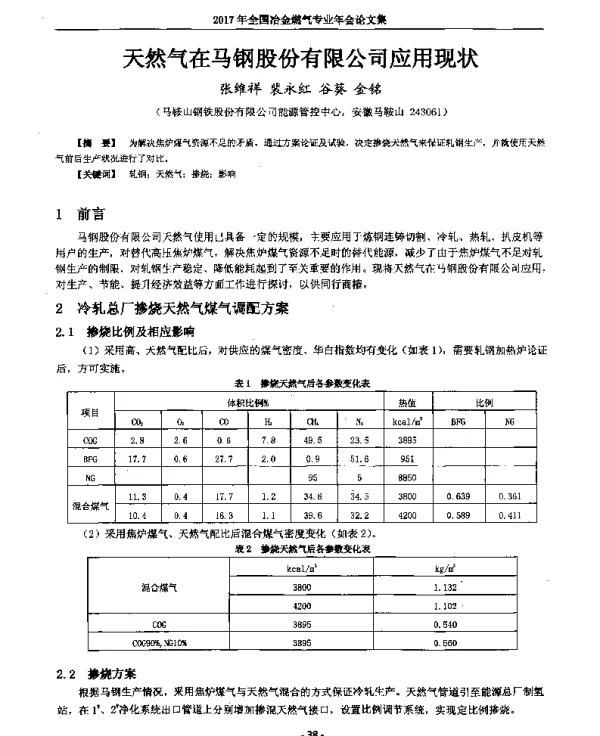 天然气在马钢股份有限公司应用现状