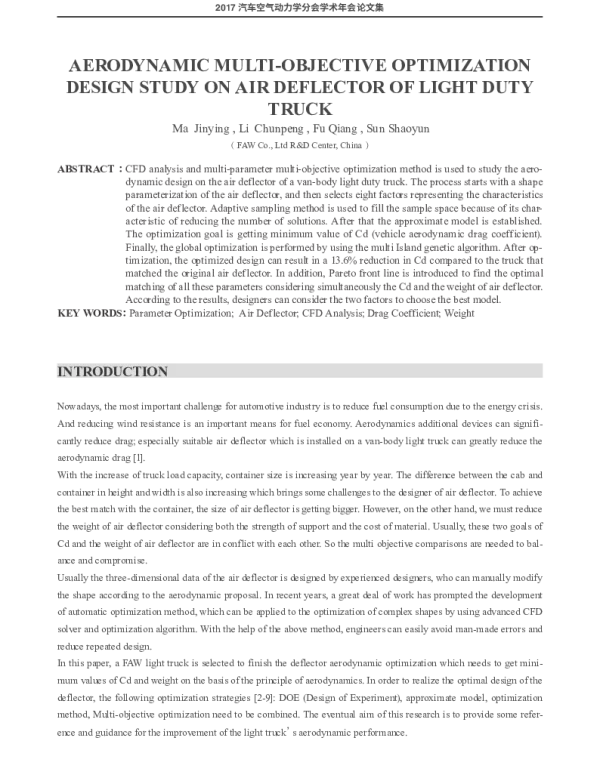 AERODYNAMICMULTI-OBJECTIVEOPTIMIZATIONDESIGNSTUDYONAIRDEFLECTOROFLIGHTDUTYTRUCK