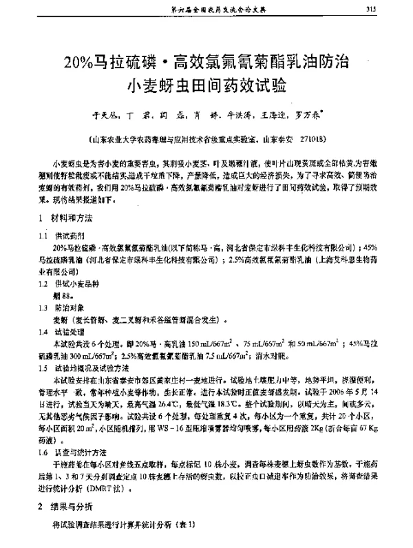 20％马拉硫磷·高效氯氟氰菊酯乳油防治小麦蚜虫田间药效试验
