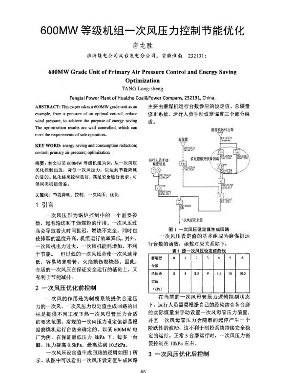 600MW等级机组一次风压力控制节能优化
