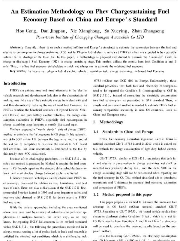 AnEstimationMethodologyonPhevChargesustainingFuelEconomyBasedonChinaandEuropesStandard