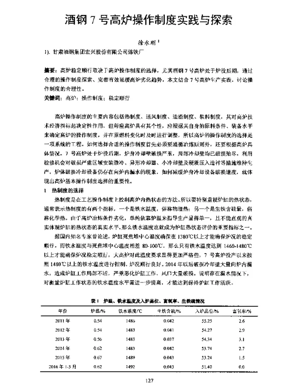 酒钢7号高炉操作制度实践与探索