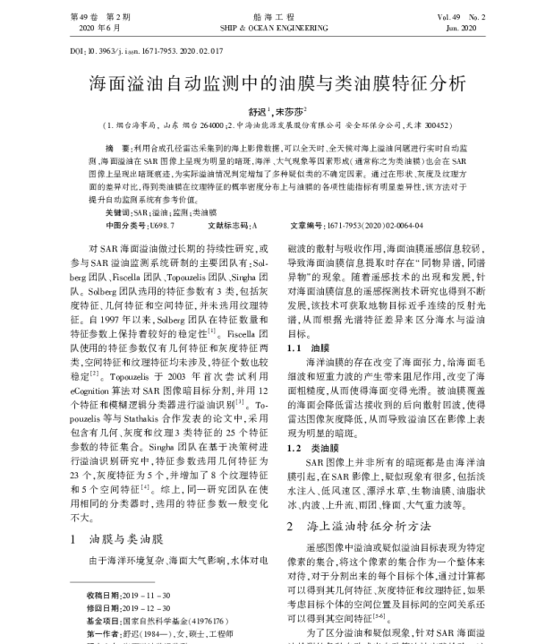 海面溢油自动监测中的油膜与类油膜特征分析