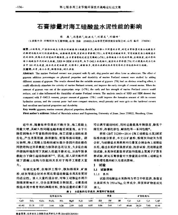 石膏掺量对海工硅酸盐水泥性能的影响