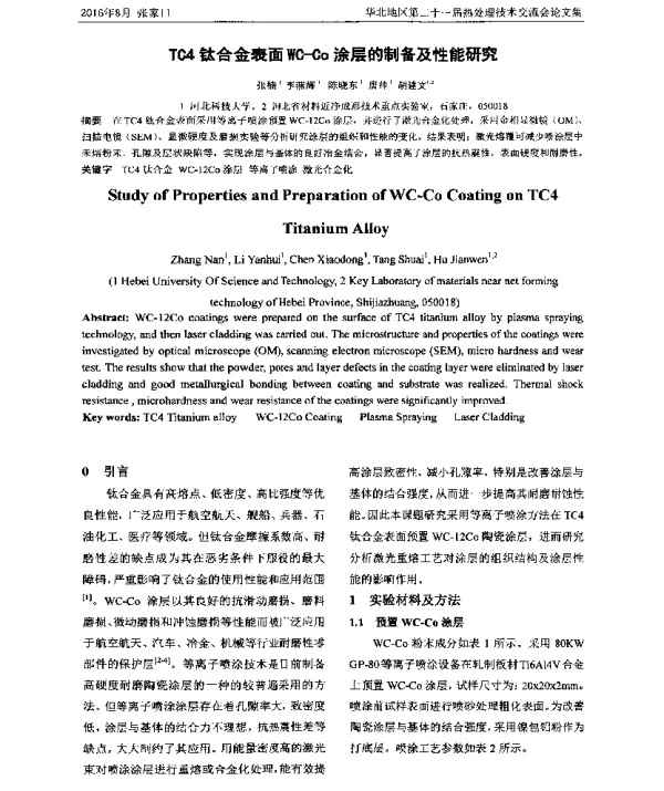 TC4钛合金表面WC-Co涂层的制备及性能研究
