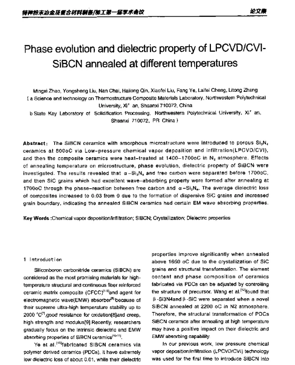 PhaseevolutionanddielectricpropertyofLPCVDCVI-SiBCNannealedatdifferenttemperatures