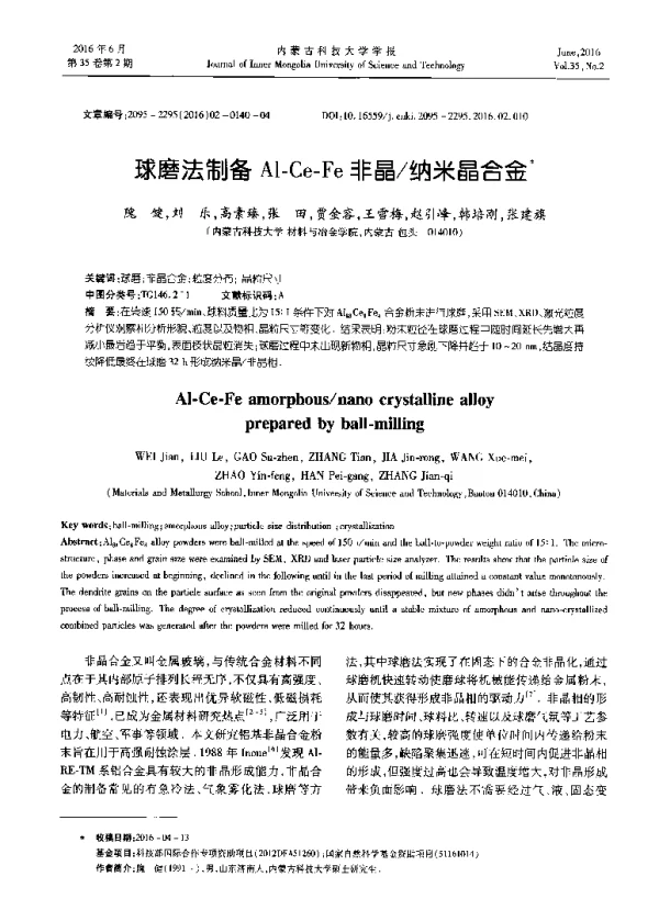 球磨法制备Al-Ce-Fe非晶纳米晶合金