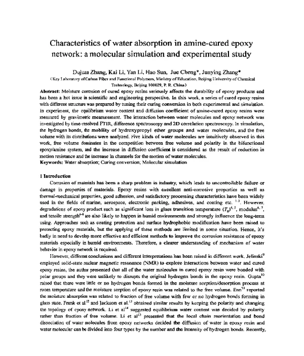 Characteristicsofwaterabsorptioninamine-curedepoxynetworkamolecularsimulationandexperimentalstudy