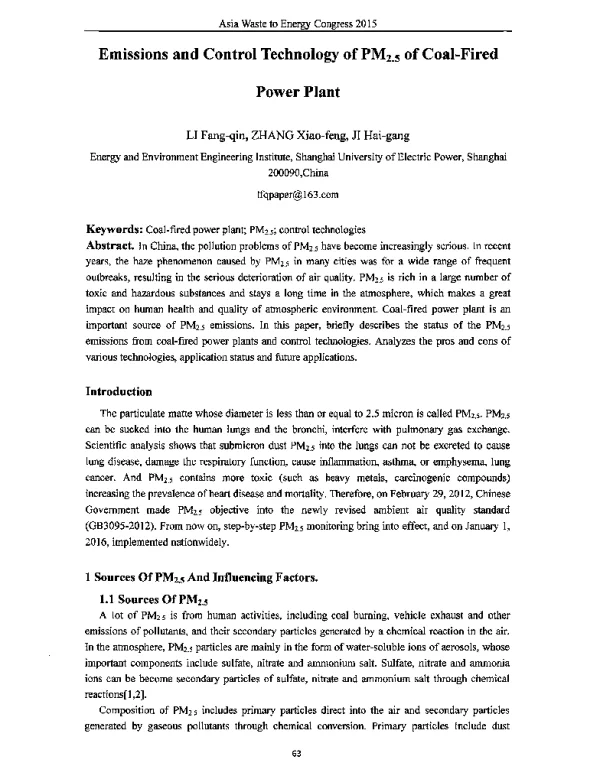 EmissionsandControlTechnologyofPM2.5ofCoal-FiredPowerPlant