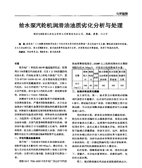 给水泵汽轮机润滑油油质劣化分析与处理