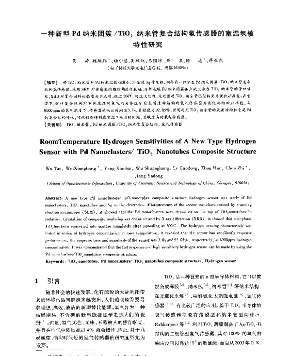 一种新型Pd纳米团簇TiO2纳米管复合结构氢传感器的室温氢敏特性研究
