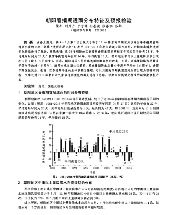 朝阳春播期透雨分布特征及预报检验