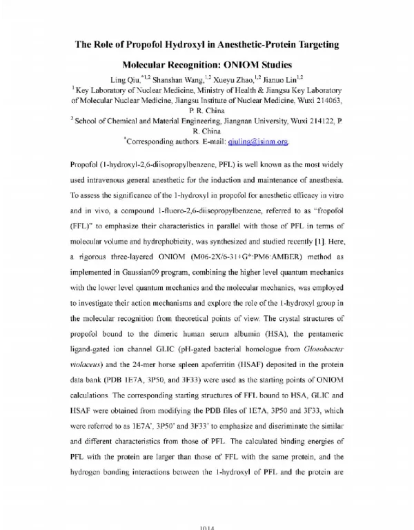 TheRoleofPropofolHydroxylinAnesthetic-ProteinTargetingMolecularRecognitionONIOMStudies