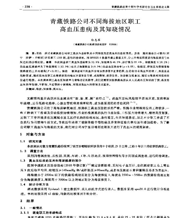 青藏铁路公司不同海拔地区职工高血压患病及其知晓情况