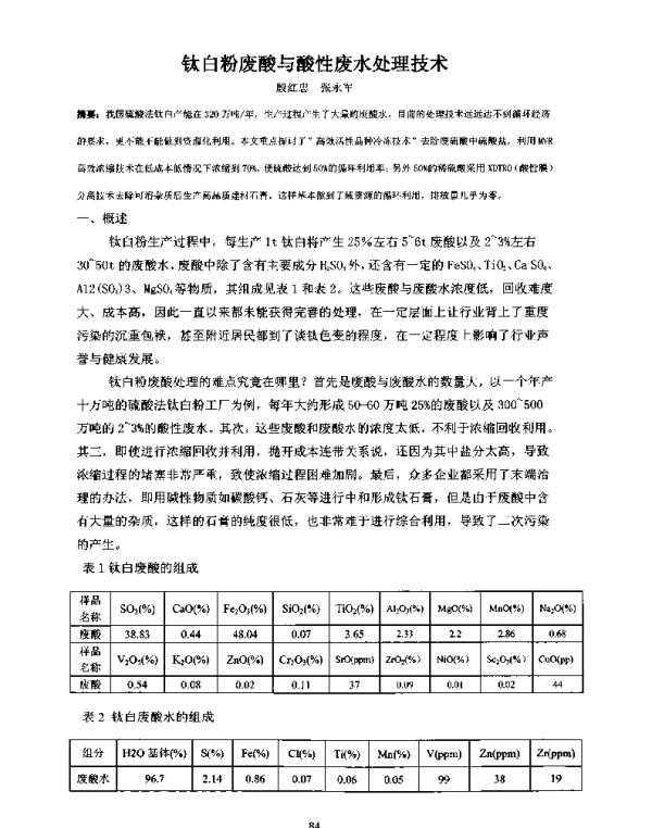 钛白粉废酸与酸性废水处理技术