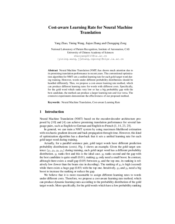 Cost-awareLearningRateforNeuralMachineTranslation