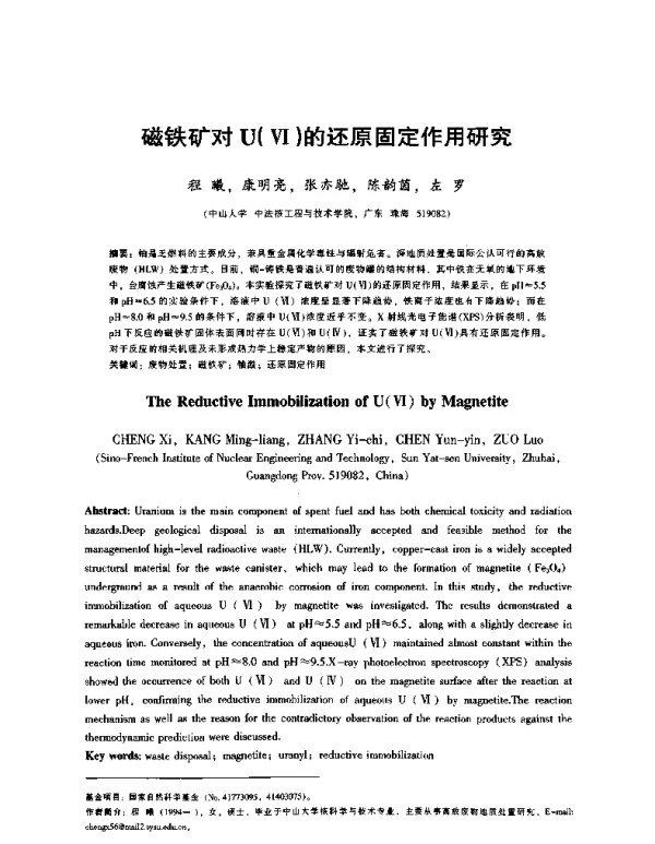 磁铁矿对U(Ⅵ)的还原固定作用研究
