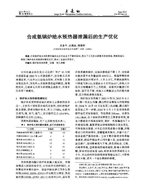 合成氨锅炉给水预热器泄漏后的生产优化