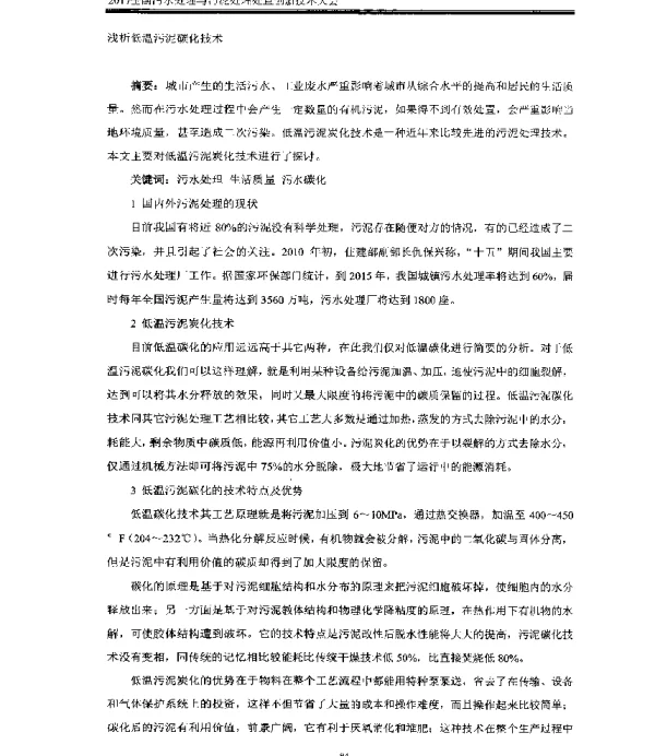 浅析低温污泥碳化技术