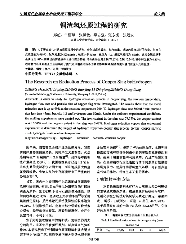 铜渣氢还原过程的研究