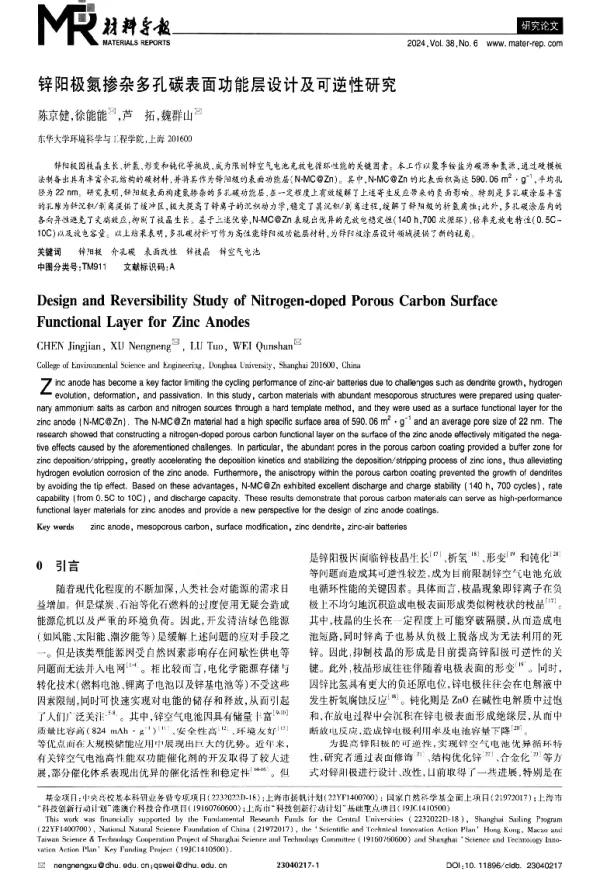 锌阳极氮掺杂多孔碳表面功能层设计及可逆性研究