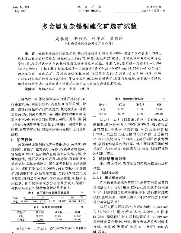 多金属复杂锡铜硫化矿选矿试验