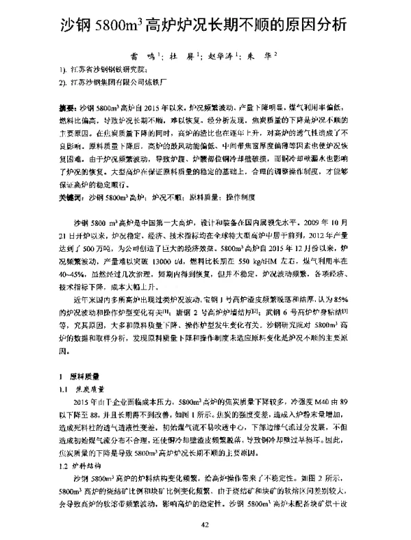 沙钢5800m3高炉炉况长期不顺的原因分析