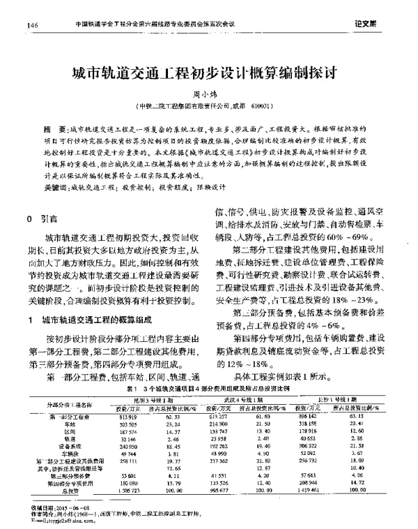 城市轨道交通工程初步设计概算编制探讨