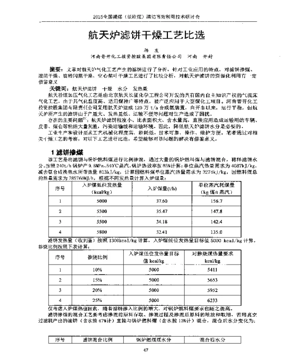 航天炉滤饼干燥工艺比选