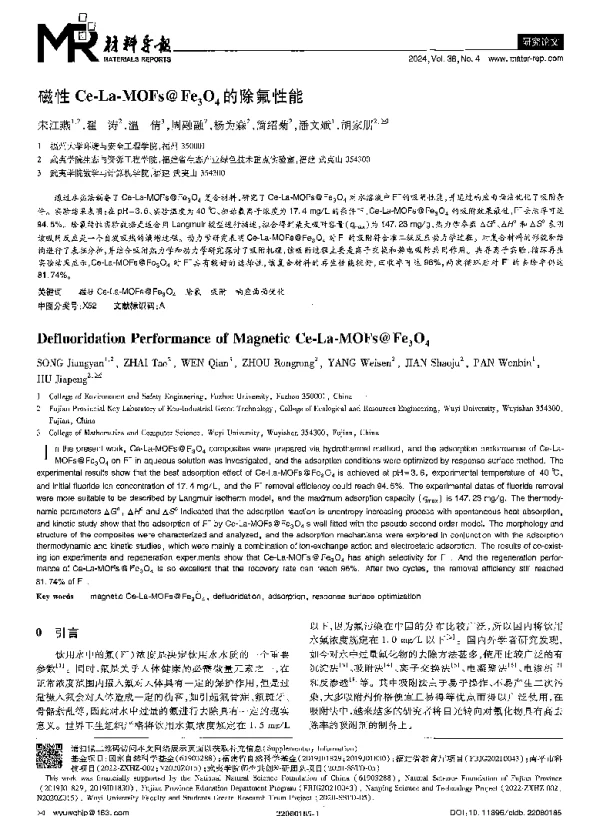 磁性Ce-La-MOFs@Fe3O4的除氟性能