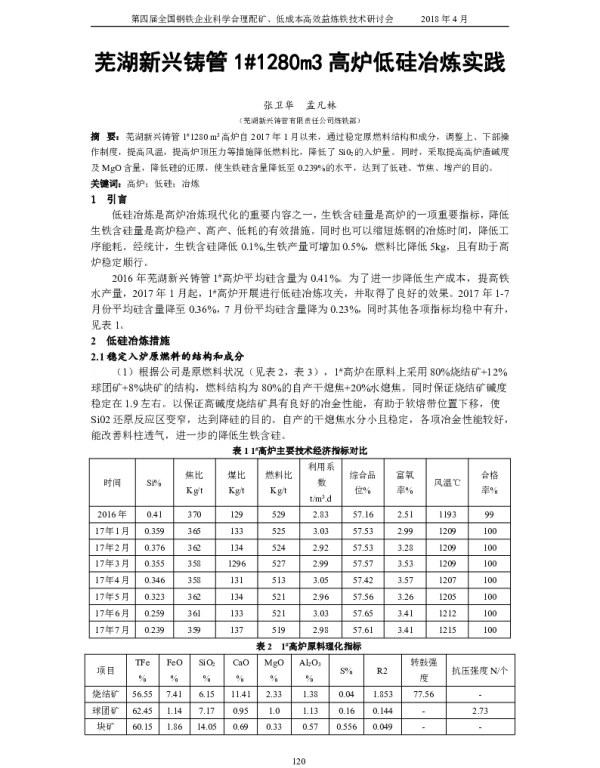 芜湖新兴铸管11280m3高炉低硅冶炼实践