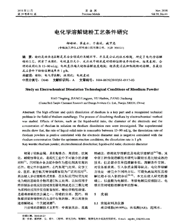 电化学溶解铑粉工艺条件研究