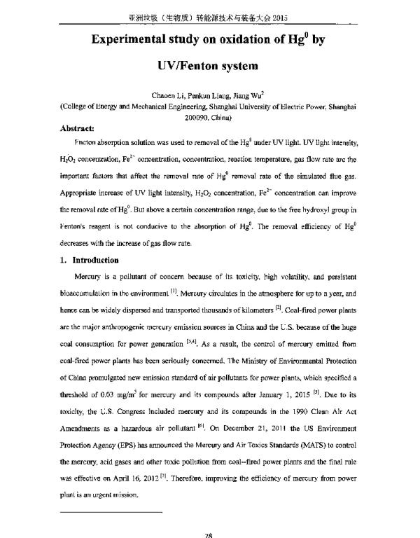 ExperimentalstudyonoxidationofHg0byUVFentonsystem
