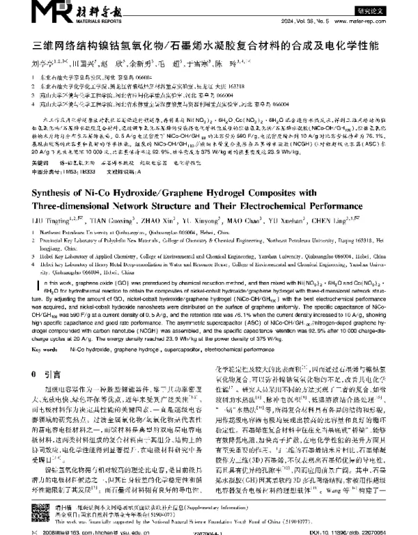 三维网络结构镍钴氢氧化物石墨烯水凝胶复合材料的合成及电化学性能