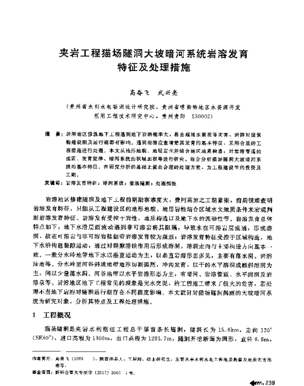 夹岩工程猫场隧洞大坡暗河系统岩溶发育特征及处理措施