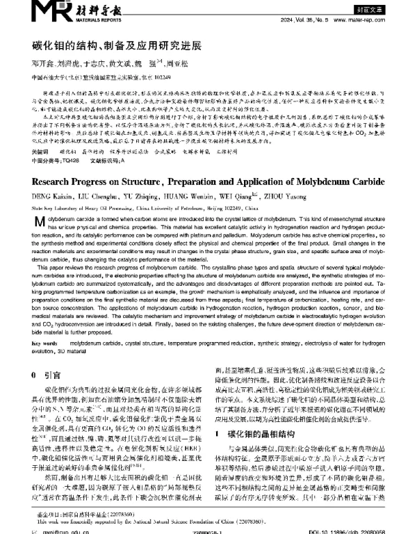 碳化钼的结构、制备及应用研究进展