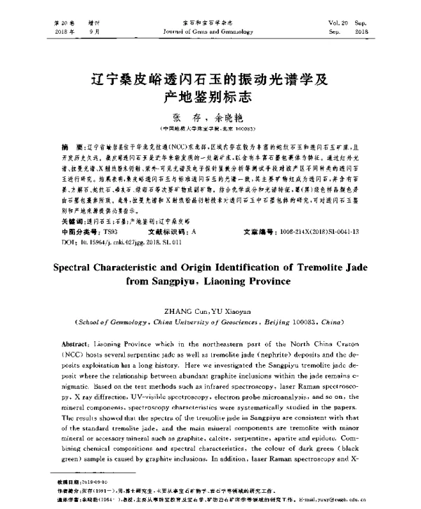 辽宁桑皮峪透闪石玉的振动光谱学及产地鉴别标志