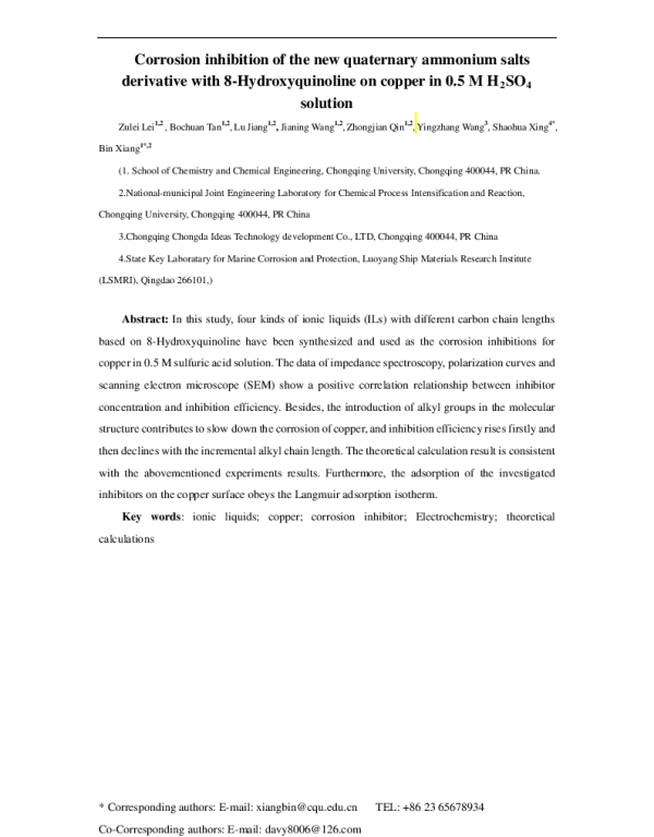 Corrosioninhibitionofthenewquaternaryammoniumsaltsderivativewith8-Hydroxyquinolineoncopperin0.5MH2SO4solution