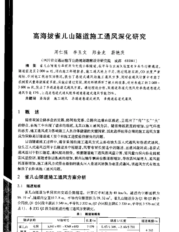 高海拔雀儿山隧道施工通风深化研究