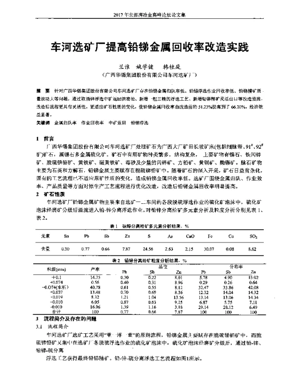 车河选矿厂提高铅锑金属回收率改造实践