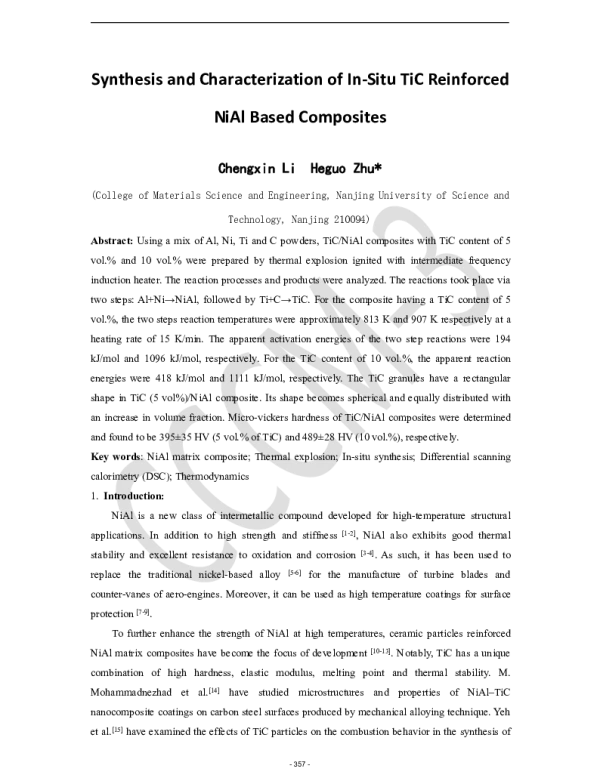 SynthesisandCharacterizationofIn-SituTiCReinforcedNiAlBasedComposites