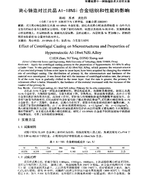 离心铸造对过共晶Al-18%Si合金组织和性能的影响