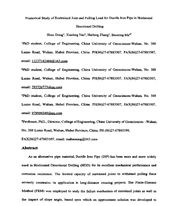 NumericalStudyofRestrainedJointandPullingLoadforDuctileIronPipeinHorizontalDirectionalDrilling
